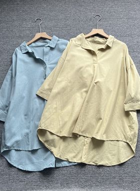 日单棉麻简约翻领长袖女衬衫