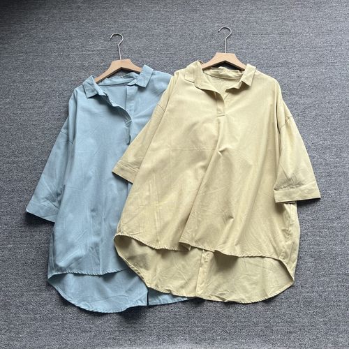 日单棉麻简约翻领长袖女衬衫