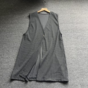 外贸日单女装马甲时尚简约风V领千鸟格马甲女中长款无袖外搭上衣
