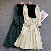 假两件长款 法式 裙子 新款 收腰显瘦拼接时尚 复古长袖 连衣裙女秋冬季