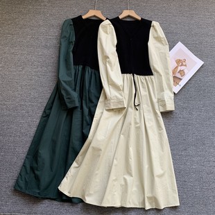 法式复古长袖连衣裙女秋冬季新款收腰显瘦拼接时尚假两件长款裙子
