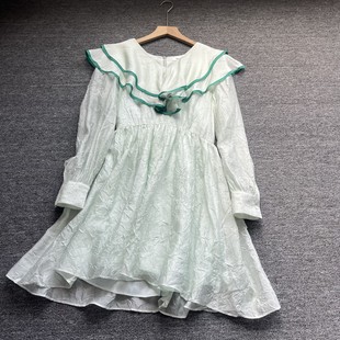 春夏撞色荷叶领长袖连衣裙少女清新薄荷绿收腰小个子显瘦仙女短裙