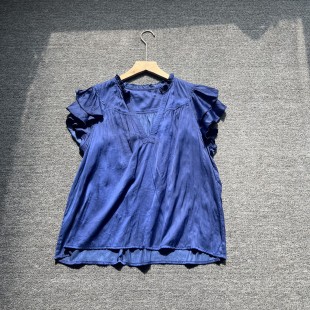 外贸女装小飞袖荷叶边V领衬衫女夏季薄款套头休闲衬衣法式上衣