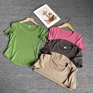 弹力修身 小码 弧形下摆显瘦u领T恤夏季 T恤衫 简约上衣 小个子女装