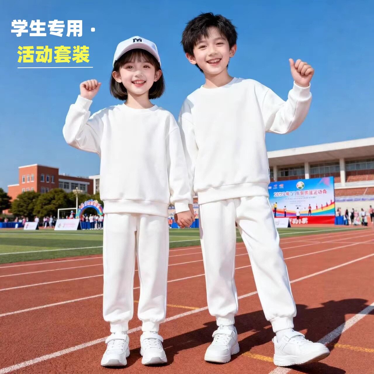 儿童卫衣小学生运动会班服纯白色束脚长裤中学生活动校服春秋套装