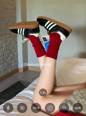 “山楂树之恋”复古酒红色袜子女纯棉中筒堆堆袜纯色竖条百搭四季