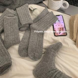 “纯欲软糯灰”羊毛袜子女中筒袜兔毛堆堆袜纯色保暖加厚秋冬韩系