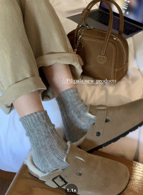 “纯欲软糯灰”秋冬加厚兔羊毛袜子女中筒堆堆袜纯色保暖百搭韩系