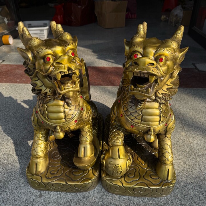 大号铜麒麟摆件一对纯铜财富麒麟神兽元宝坐麒麟招财家居门厅礼品