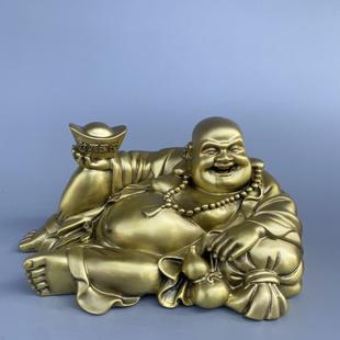 铜卧佛弥勒佛铜像摆件家用佛堂供养大肚布袋佛元宝黄金袋笑佛