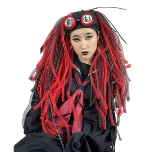 彼岸花赛博哥特风红黑时装 朋克cyberlox头饰假发 牌双马尾 暗码