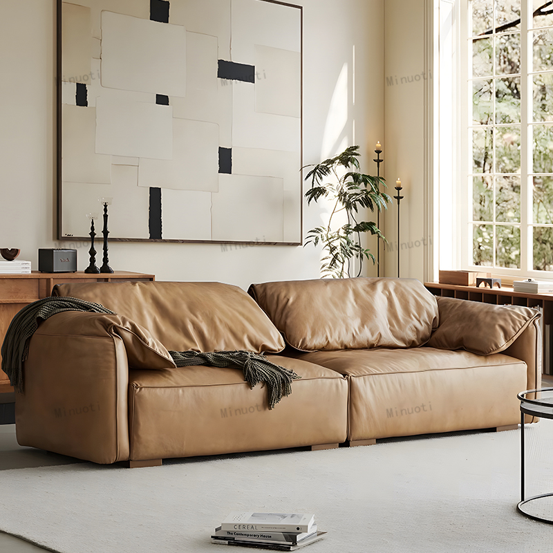 Minuoti 大象耳朵复古油蜡皮头层真皮沙发意式客厅组合直排中古风