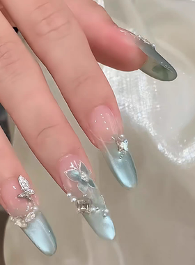 薄荷漫波蝴蝶绿色猫眼冰透裸色人气贵妇手绘k9钻光疗纯手工穿戴甲