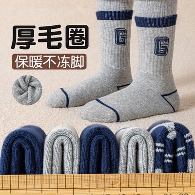 儿童袜子男童秋冬季加绒加厚中长筒中大童青少年毛圈保暖冬款双数
