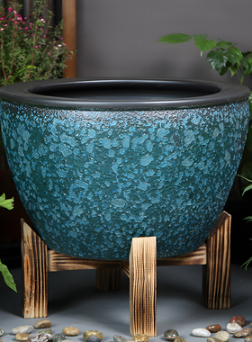 庭院大缸古法养鱼盆可配实木座大型落地阳台水缸客厅沉香木造景盆