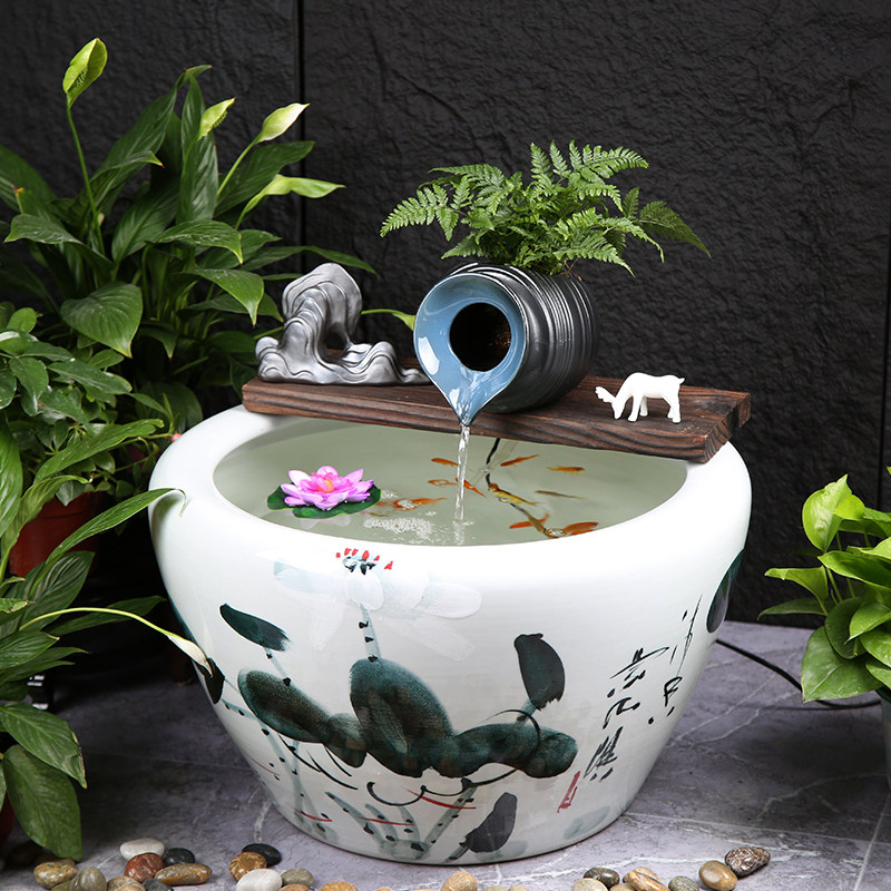 陶瓷流水鱼缸造景门面装饰增氧加湿鱼缸配件套组客厅茶室乔迁礼品