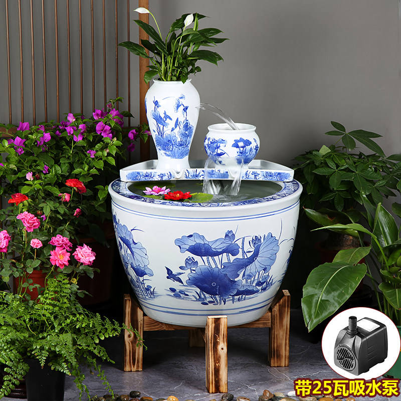 景德镇青花瓷瀑布鱼缸古法观背庭院阳台景观盆荷花缸大号过滤罐子