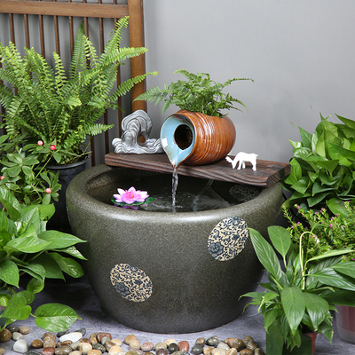 陶瓷大缸流水鱼缸落地客厅摆设阳台加湿增氧过滤设备古法大型造景