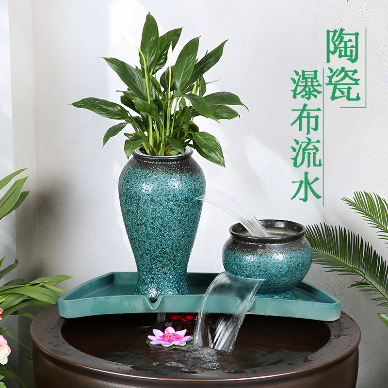 瀑布流水循环增氧配件鱼缸陶瓷增氧摆设室内加湿过滤器陶罐水喷泉