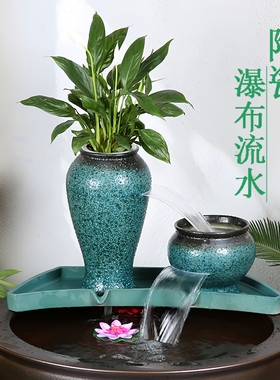 瀑布流水循环增氧配件鱼缸陶瓷增氧摆设室内加湿过滤器陶罐水喷泉