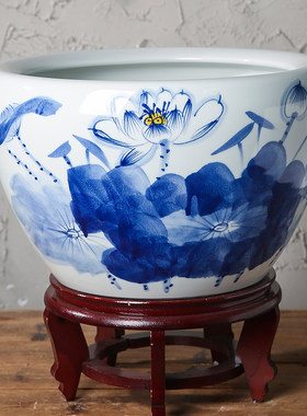 景德镇陶瓷金鱼缸青花餐厅荷花