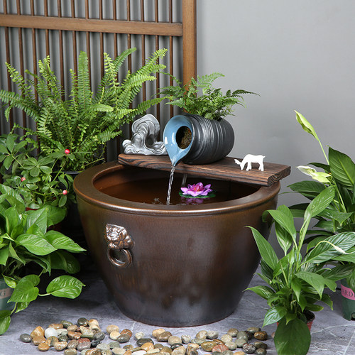 陶瓷水循环大缸古法养鱼缸大型流水落地陶罐造景过滤增氧老式水缸
