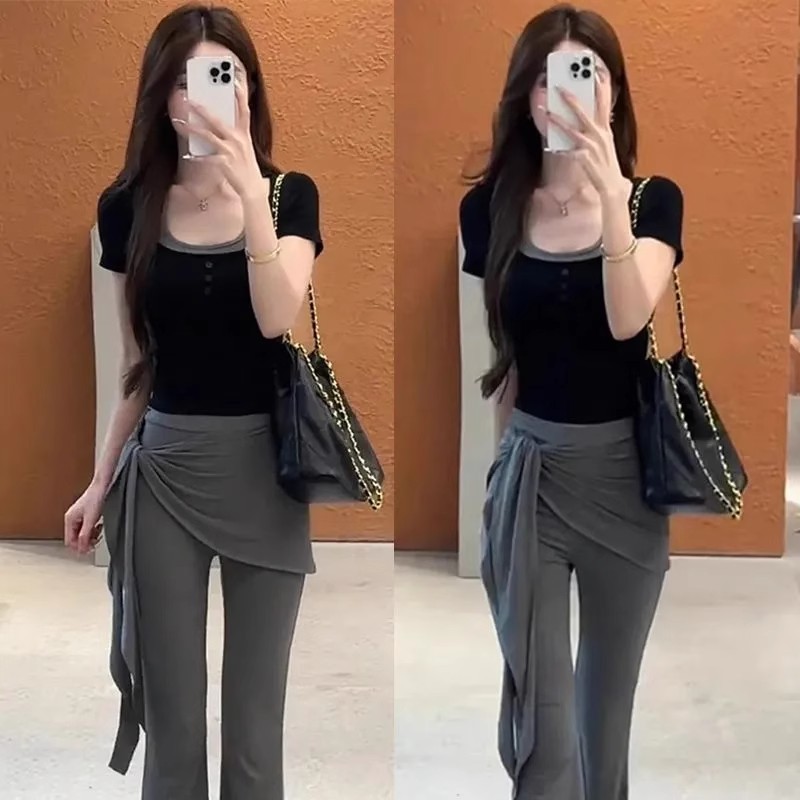 假两件上衣显瘦微喇阔腿裤两件套