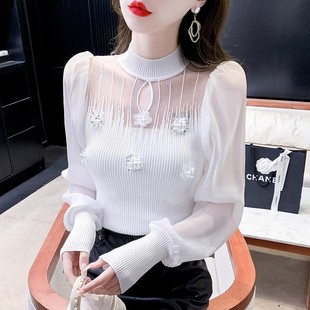法式高级感镶钻上衣修身百搭针织衫女春秋2025新款洋气泡泡袖上衣