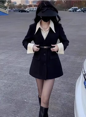 2025秋冬新款假两件长袖衬衫领连衣裙女洋气韩版收腰设计感A字裙