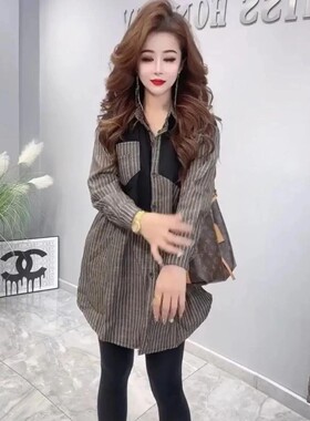 加绒加厚拼接条纹长袖衬衫女2025秋冬新款韩版气质宽松中长款上衣