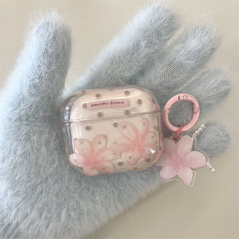 韩风ins少女心波点粉色百合花适用AirPods4保护套AirPodsPro3代苹果耳机套airpods1/2无线蓝牙耳机软壳带挂件
