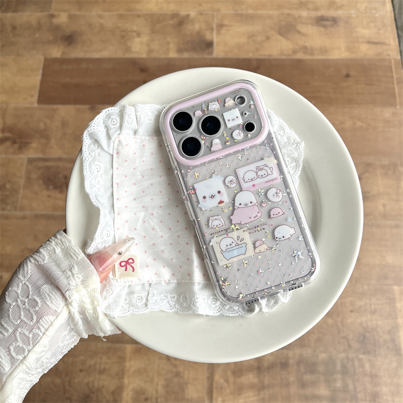 日韩ins少女心闪粉卡通可爱豆芝麻小海豹适用苹果17promax手机壳iphone16pro新款15全包半透双层17全包保护套