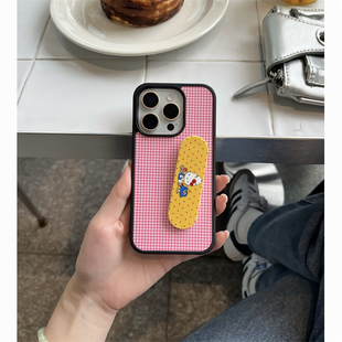 韩国ins简约红色格纹苹果13适用手机壳iphone16promax新款菲林黑边15可爱创可贴kt猫支架14全包防摔保护套硬