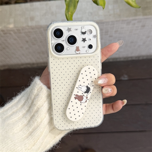韩系ins简约黑色波点适用15苹果17promax可爱兔子创可贴支架手机壳iphone16pro新款14双层13女17全包保护套潮