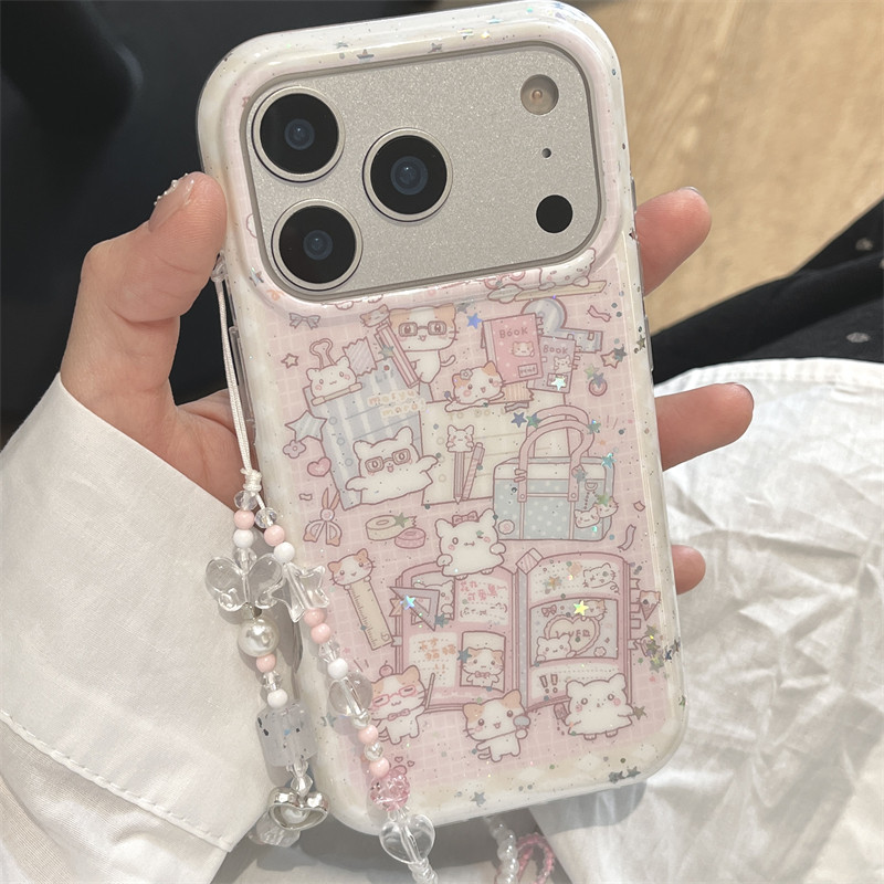 韩系ins软萌少女心闪粉可爱棉花糖猫咪插画适用苹果17promax手机壳iphone16新款15带链条14双层13全包保护套图片