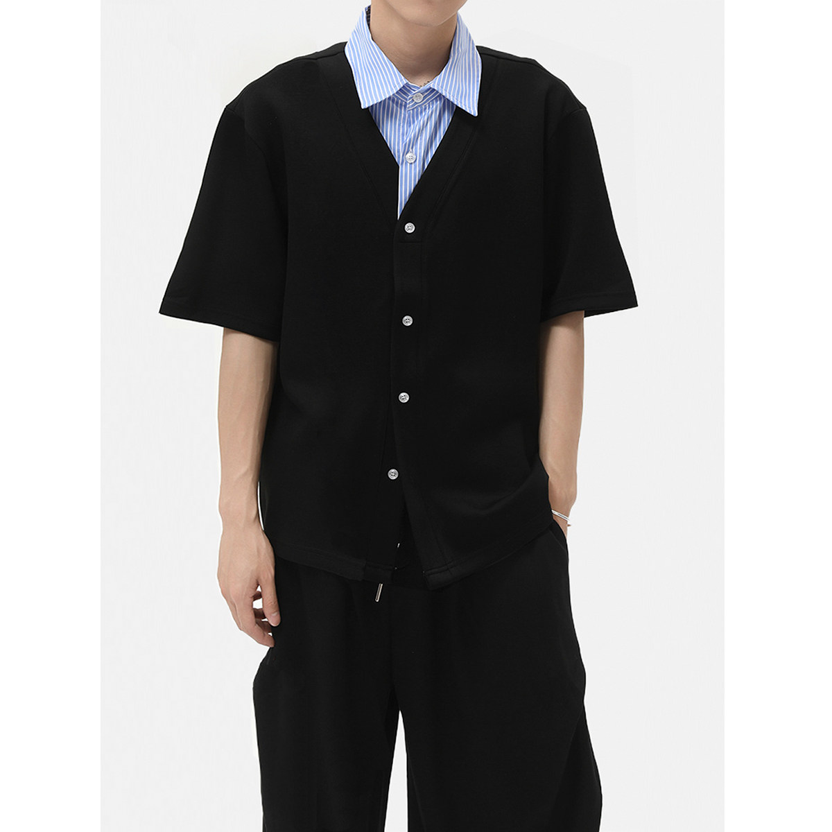 2025夏季新款潮流小众设计感复古条纹撞色翻领短袖衬衫男宽松半袖