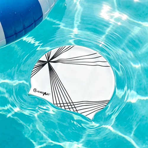 SURGING黑白线条防水不勒头泳帽