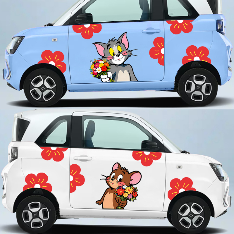 卡通猫和老鼠汽车贴纸适用五菱宏光MINIEV风光车门装饰贴可爱花朵