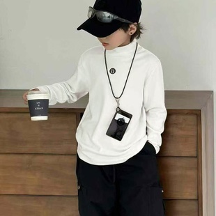 秋冬装新款中大童德绒百搭纯色长袖上衣男童加绒保暖内搭打底衫潮