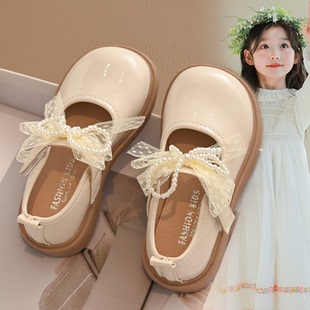 亮面蕾丝蝴蝶结单鞋 儿童软底防滑皮鞋 2025春秋新款 真皮女童公主鞋