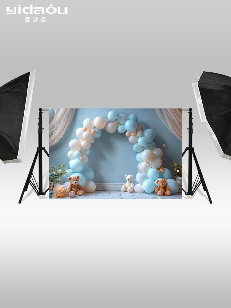 意达欧yidaou专业摄影背景布天蓝色气球小熊高级感儿童生日周岁百