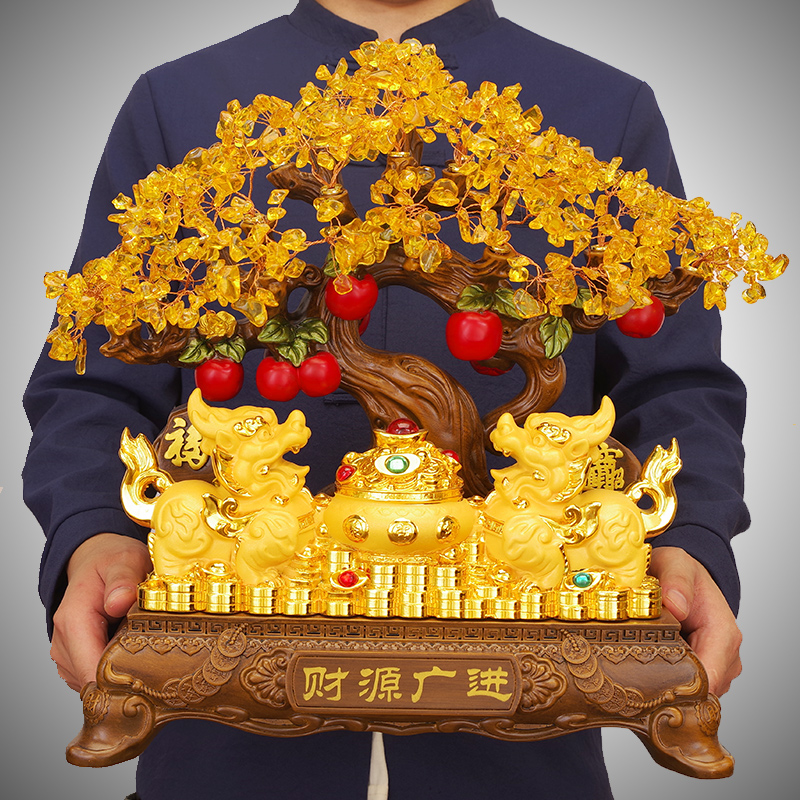 黄水晶发财树招财貔貅一对摆件