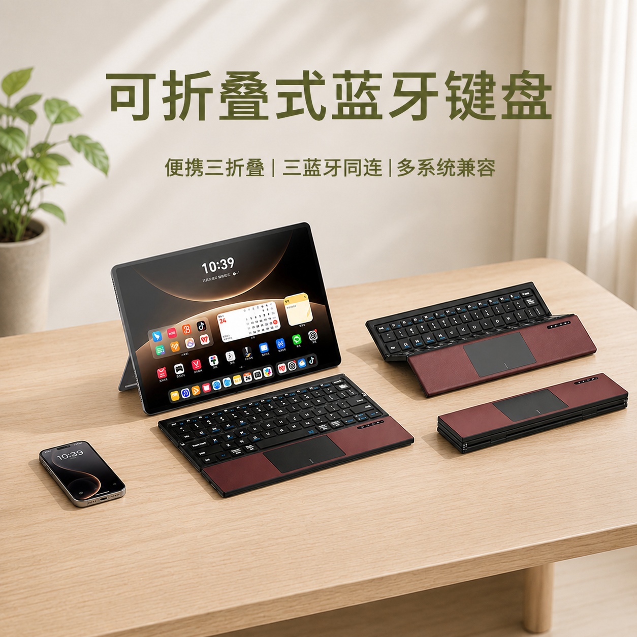 莱克玛纳无线蓝牙三折叠静音触控键盘适用于苹果iPad鸿蒙小米VIVO平板手机笔记本通用高档商务皮外壳轻薄便携