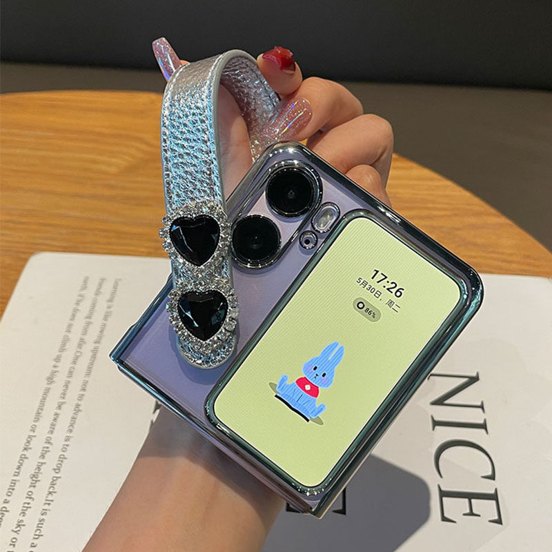 米拓黑钻爱心适用于oppofindn2flip手机壳新款腕带支架电镀透明保护套