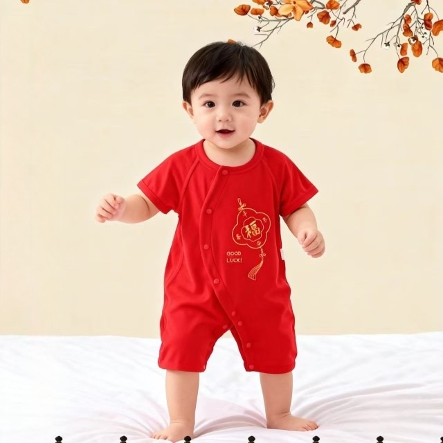 夏季大红色莫代尔短袖新生婴儿连体衣薄款优可丝宝宝喜庆过年衣服