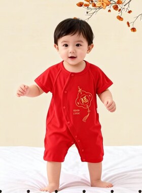 夏季大红色莫代尔短袖新生婴儿连体衣薄款优可丝宝宝喜庆过年衣服