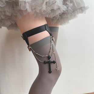 袜贵人新品哥特式十字架性感大腿环灰色格雷系天鹅绒jk大腿过膝袜