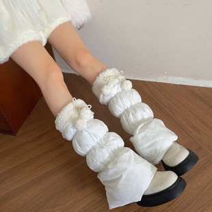 袜贵人冬季保暖新品加厚羊羔毛花边可爱毛球羽绒棉长款堆堆袜套女