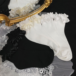 日系经典 百搭绸缎花边木耳全棉短袜学院风堆堆袜女学生软妹少女袜