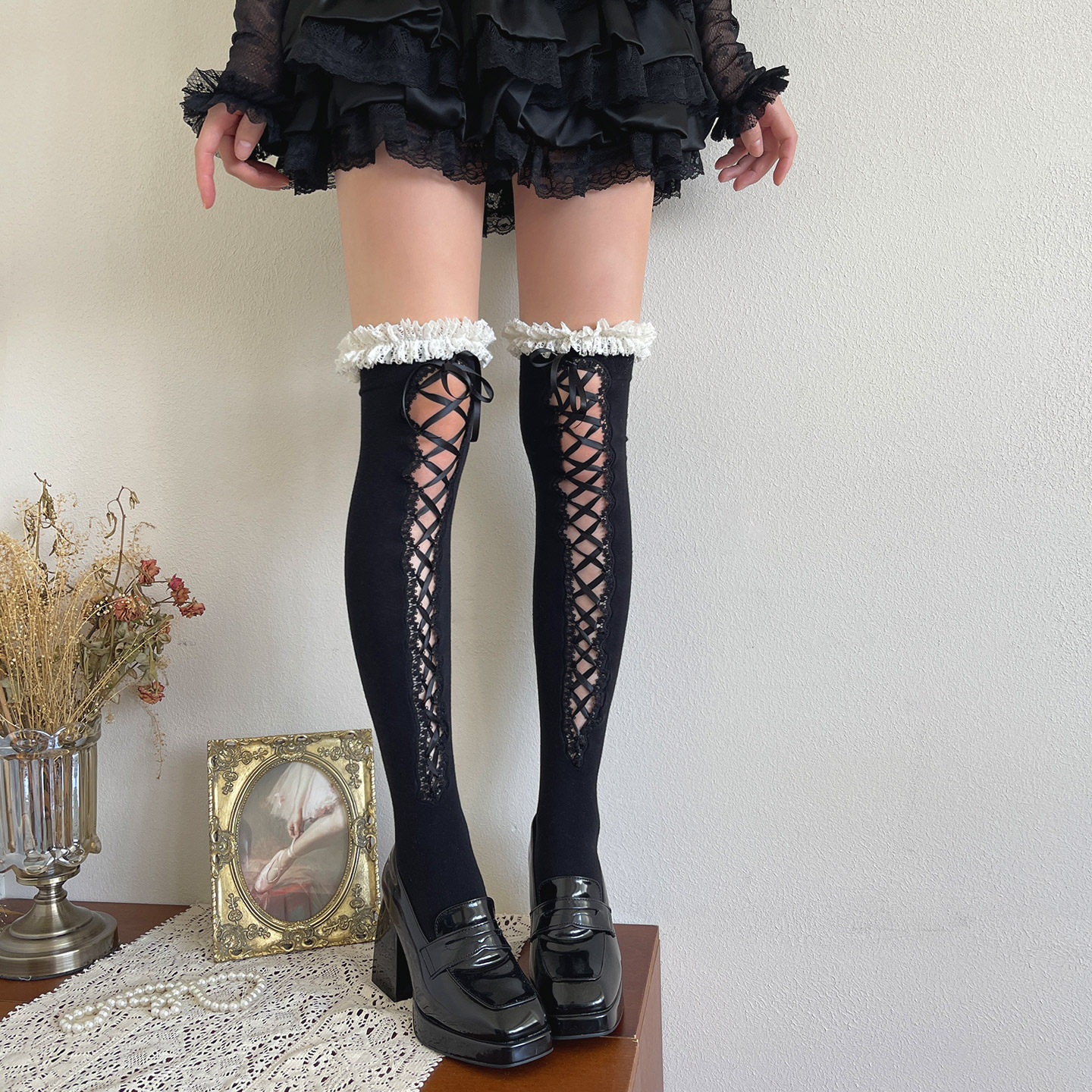 袜贵人新品亚文化Y2K辣妹芭蕾风绑带羊毛花边洛丽塔过膝长筒袜女,女士内衣/男士内衣/家居服,中筒袜,淘宝优惠券,粉丝福利购,淘宝优惠卷